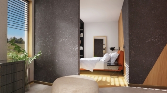 Nowoczesna sypialnia z garderobą-dekton