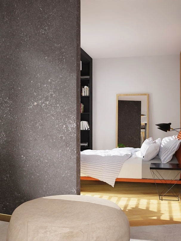 Nowoczesna sypialnia z garderobą-dekton