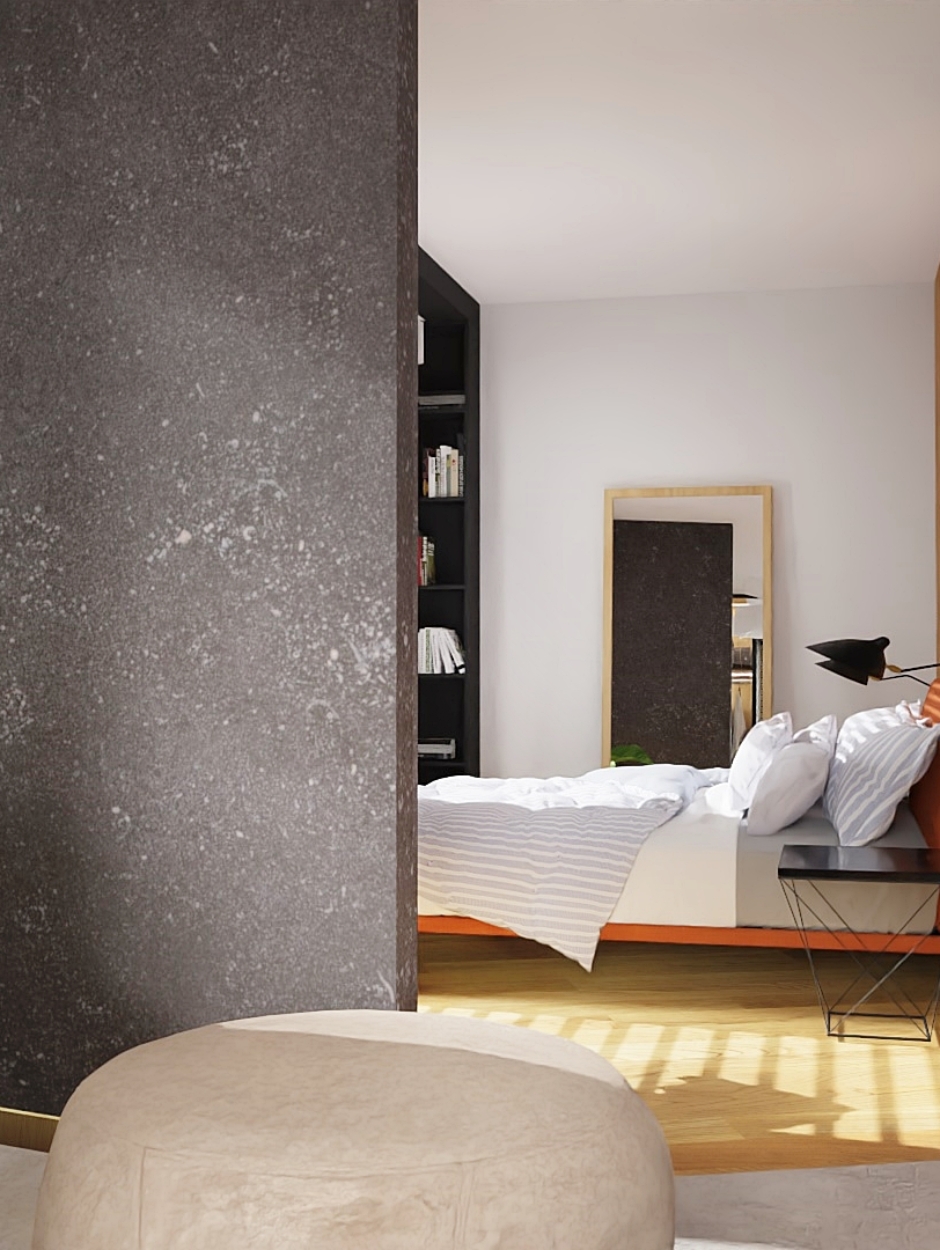 Nowoczesna sypialnia z garderobą-dekton