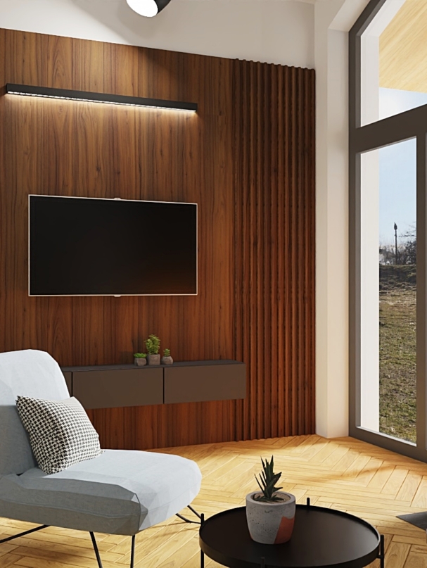 ściana telewizyjna w stylu industrialnym - dom w pierwiosnkach w pier