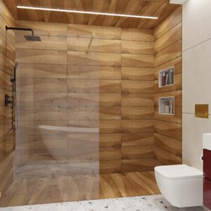 STrefa prysznicowa pokryta kaflami drewnopodobnymi - prysznic walk in mieszkanie chojnice