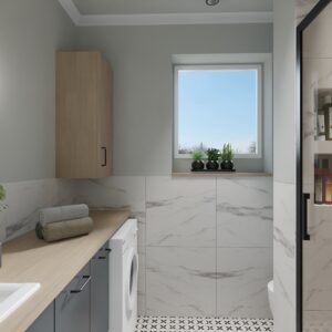 łazienka z patchworkową podłogą w stylu skandynawskim