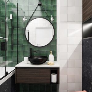 łazienkaz okrągłym lustrem- projektowanie wnętrz Chojnice