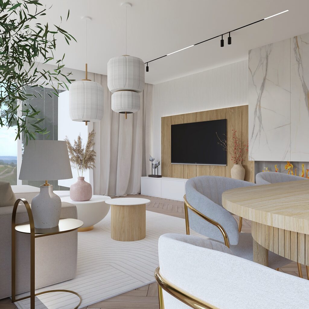 jasne mieszkanie marmur japandi