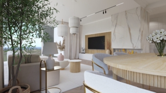 jasne mieszkanie marmur japandi