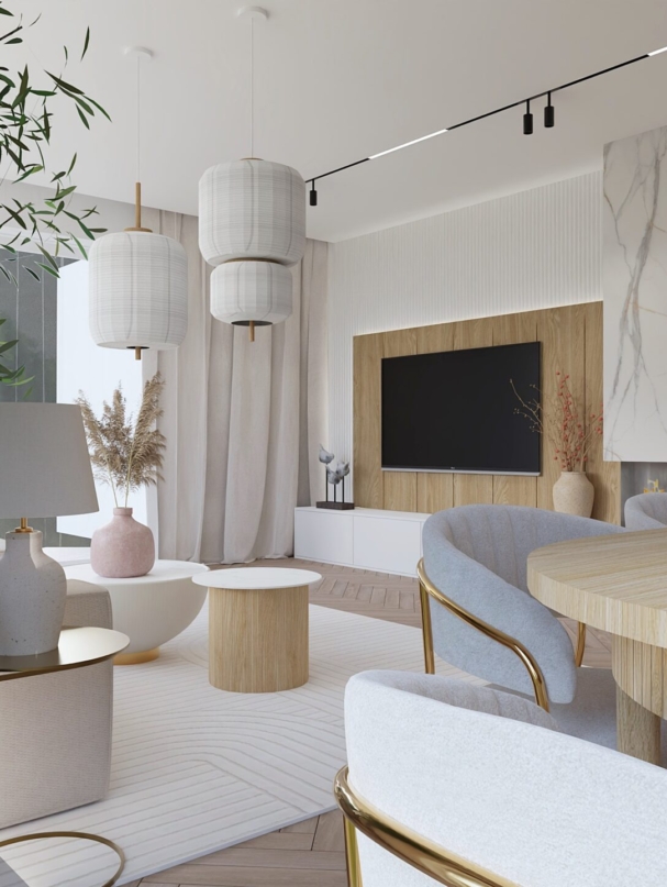 jasne mieszkanie marmur japandi